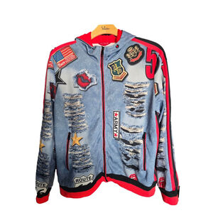 Men Royal 7even-RS7 Hoodie XL Blue Red Faux patches & tears